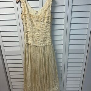 Sleeveless Cream Evening A-Line Dress with Ruched Bodice